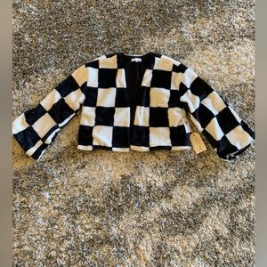 Love & Piece Checkered Faux Fur Open Front Jacket
